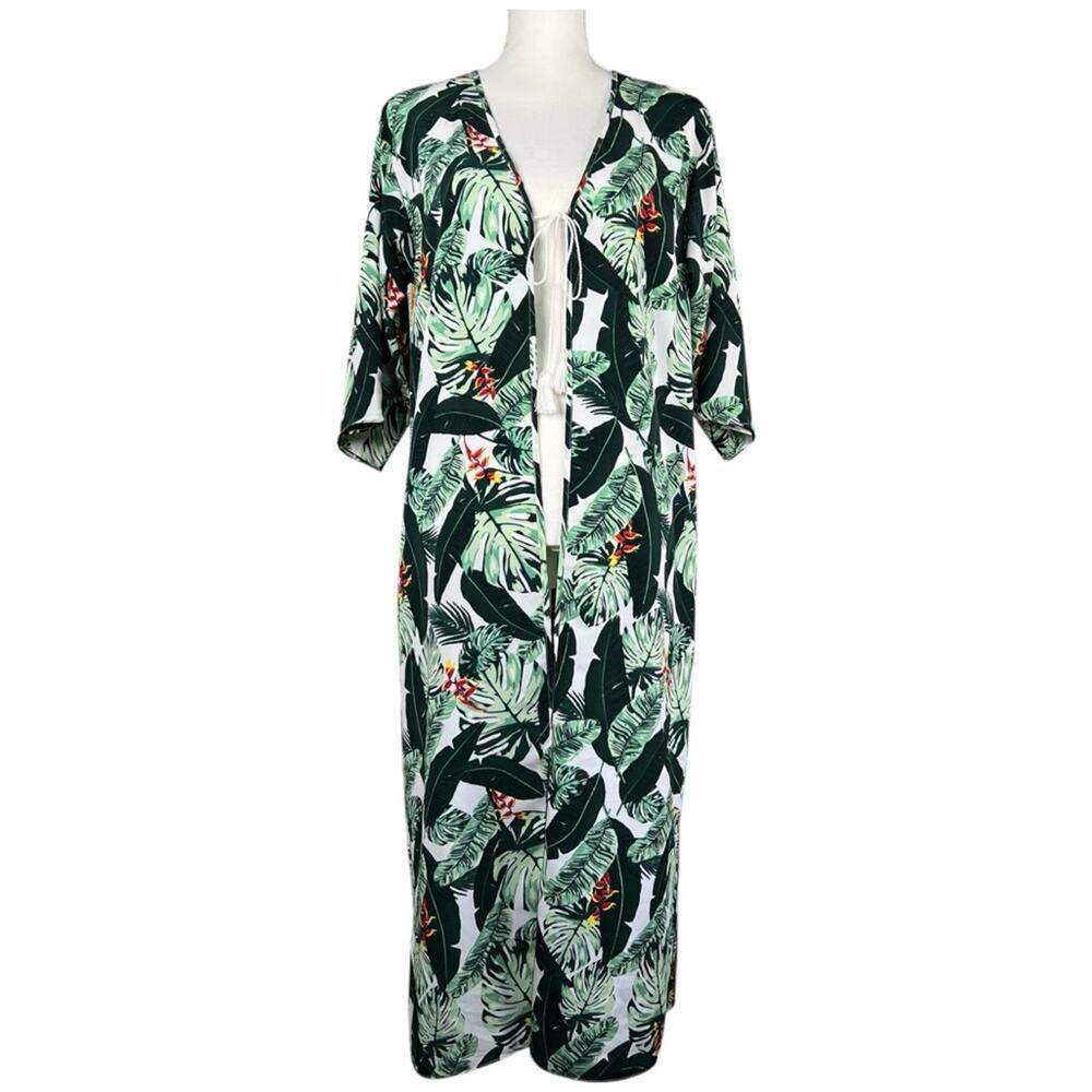 Rachel Zoe Palm Print Duster Kimono Cover-Up Tassel Tie One Size